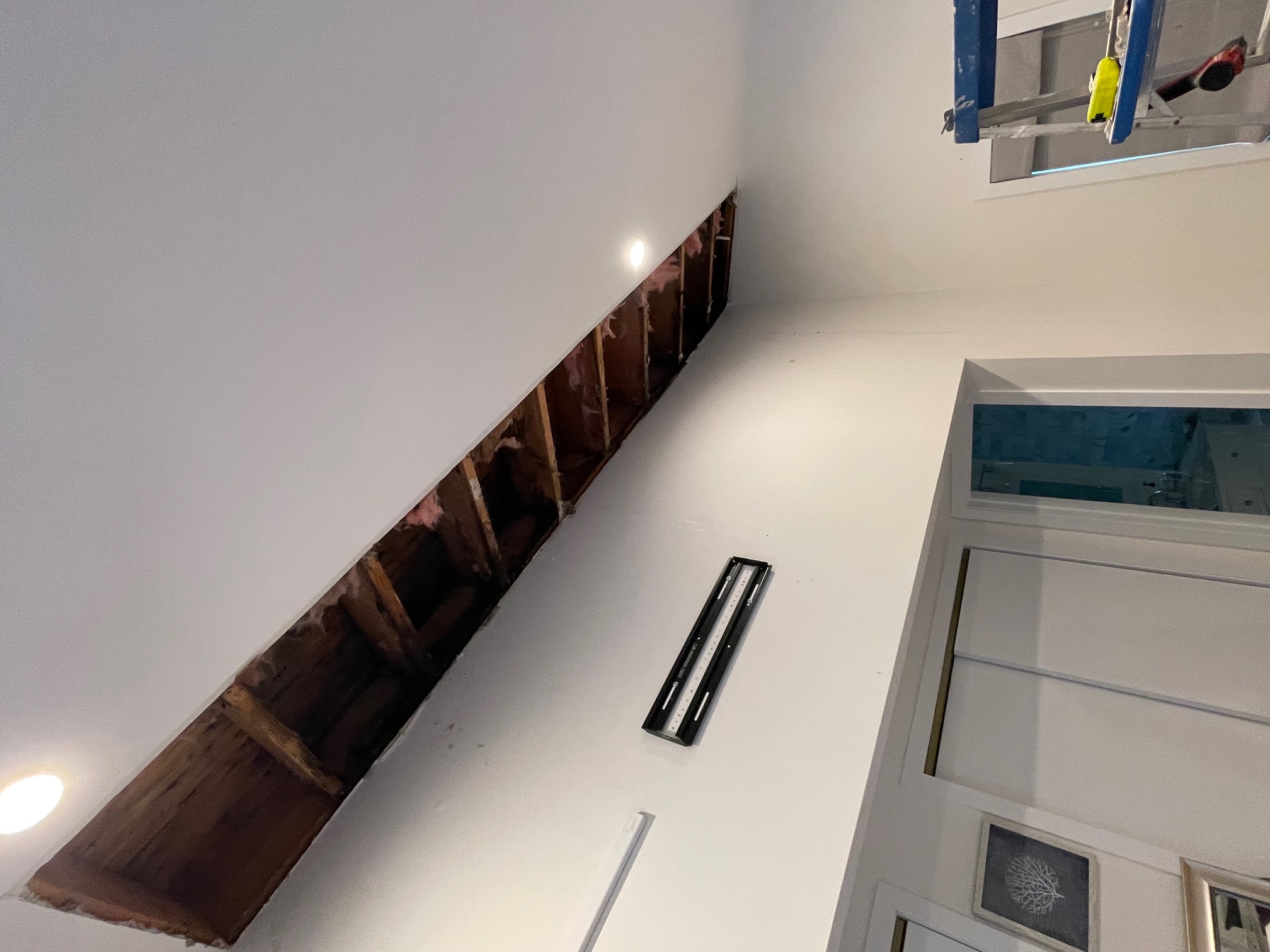Exposed ceiling joists with mold damage